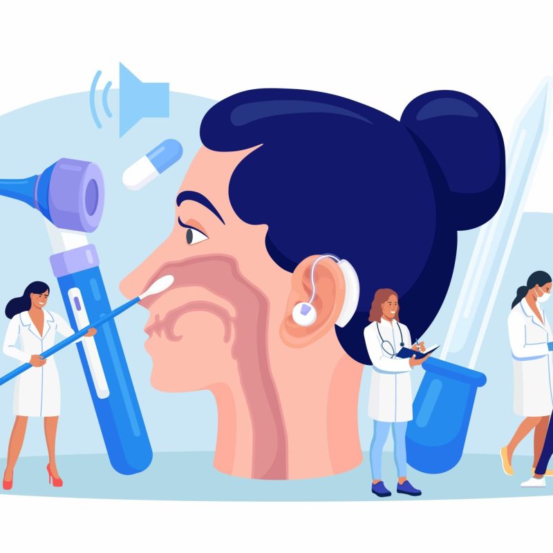 Otolaryngology concept. ENT doctor treating diseases of ear, nose, throat and neck. Otolaryngologist with medical instrument examines patient. Otoscopy procedure. Nasopharynx, sinuses, ear specula.